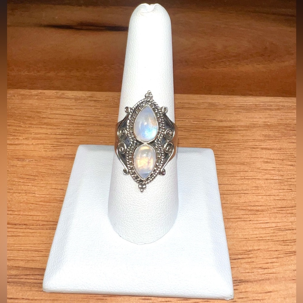 Double Rainbow Moonstone Ring .925 Sterling Silver - Size 9
